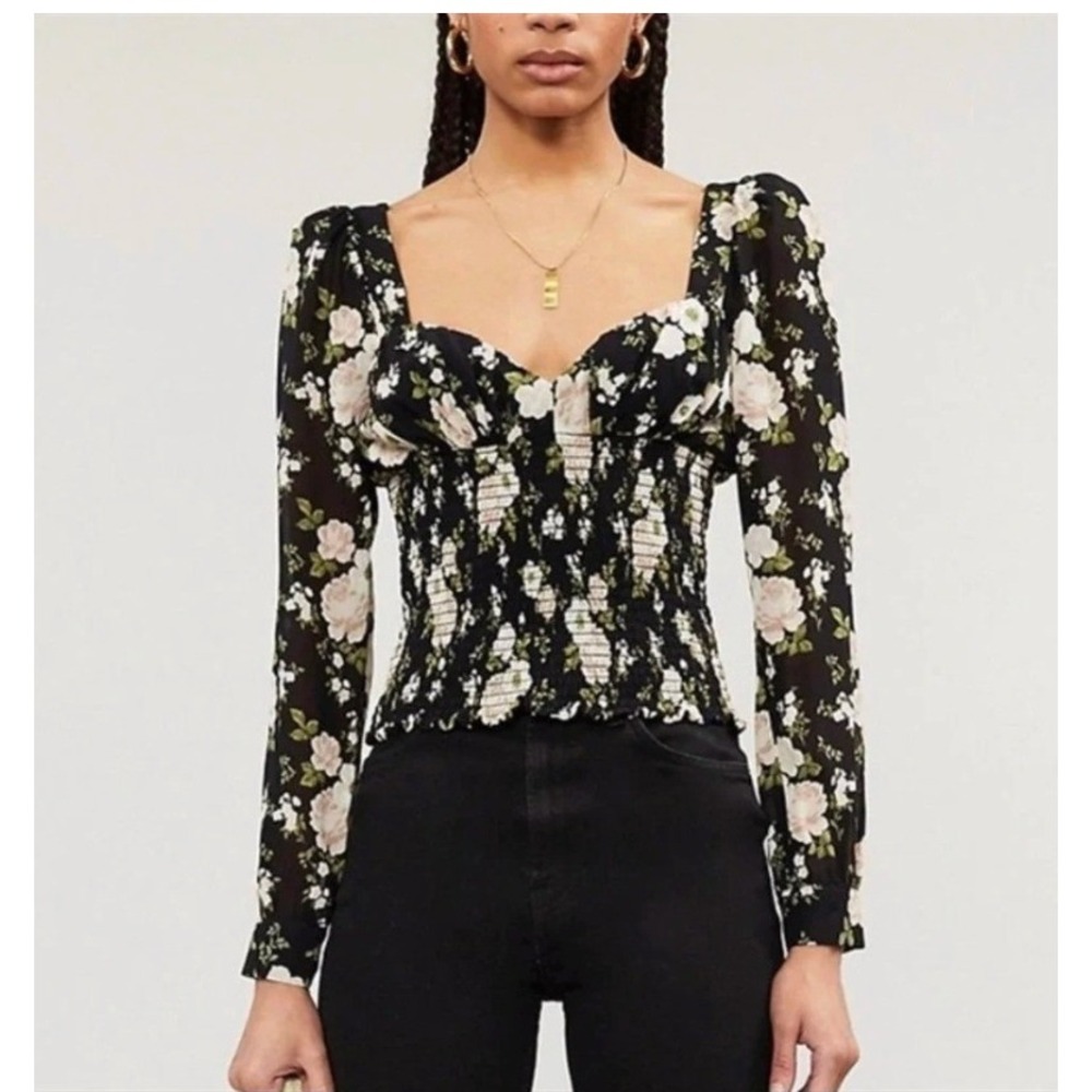 Reformation Russet Top Size XS Black Floral Smocked Sheer Sleeve Square Neck